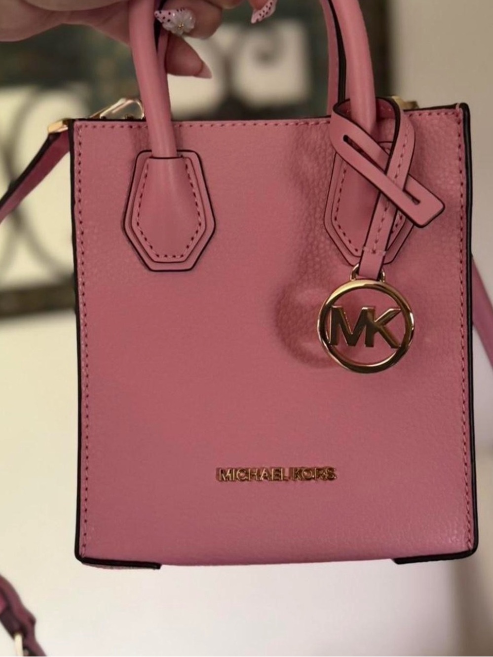 Michael Kors Pink Leather small Tote with Gold MK Charm